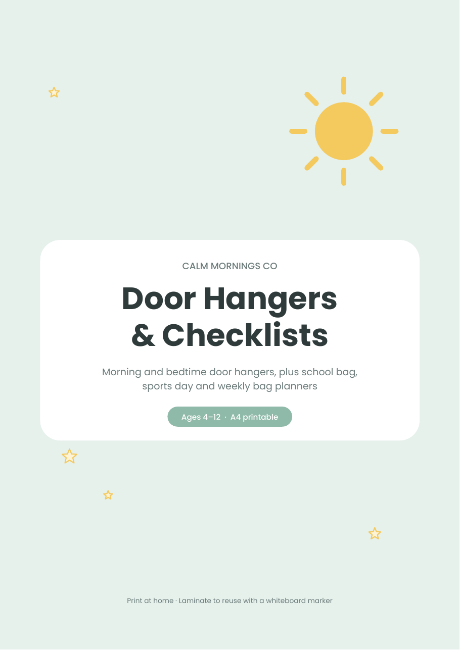 Printable kids routine door hangers and school bag checklist
