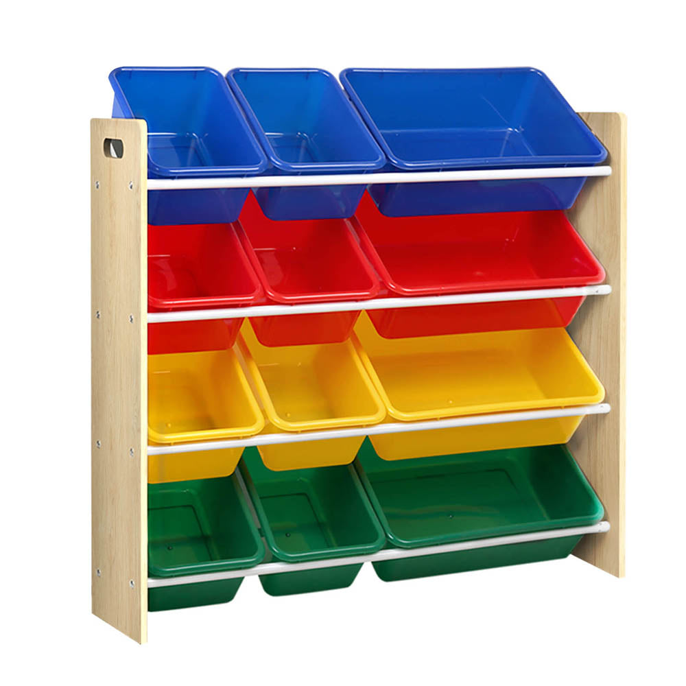 Kids toy storage shelf with 12 colourful bins