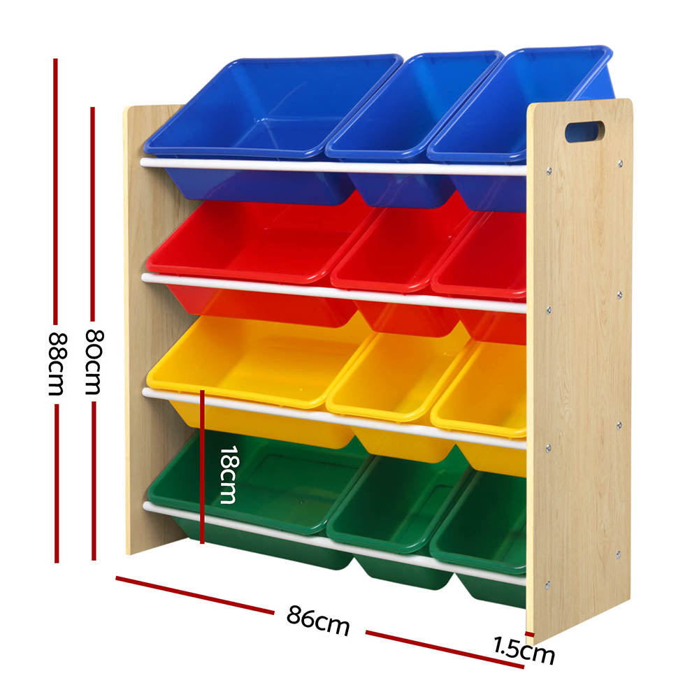 Kids toy storage shelf with 12 colourful bins – view 3