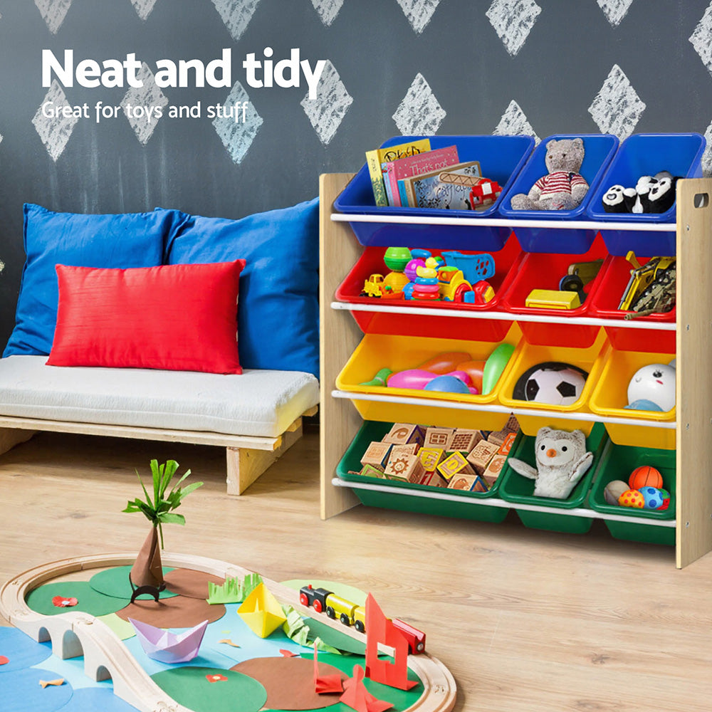 Kids toy storage shelf with 12 colourful bins – view 4