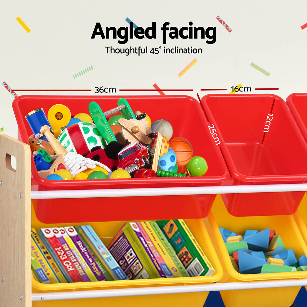 Kids toy storage shelf with 12 colourful bins – view 7