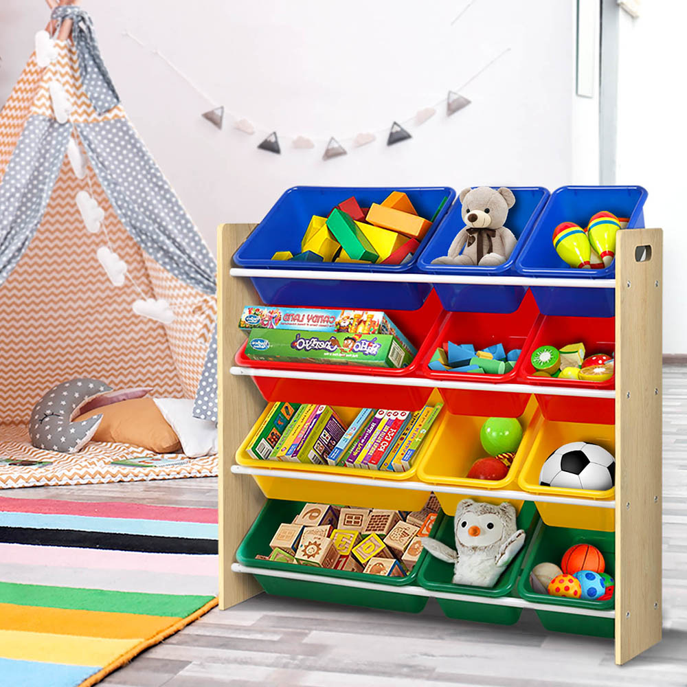 Kids toy storage shelf with 12 colourful bins – view 8