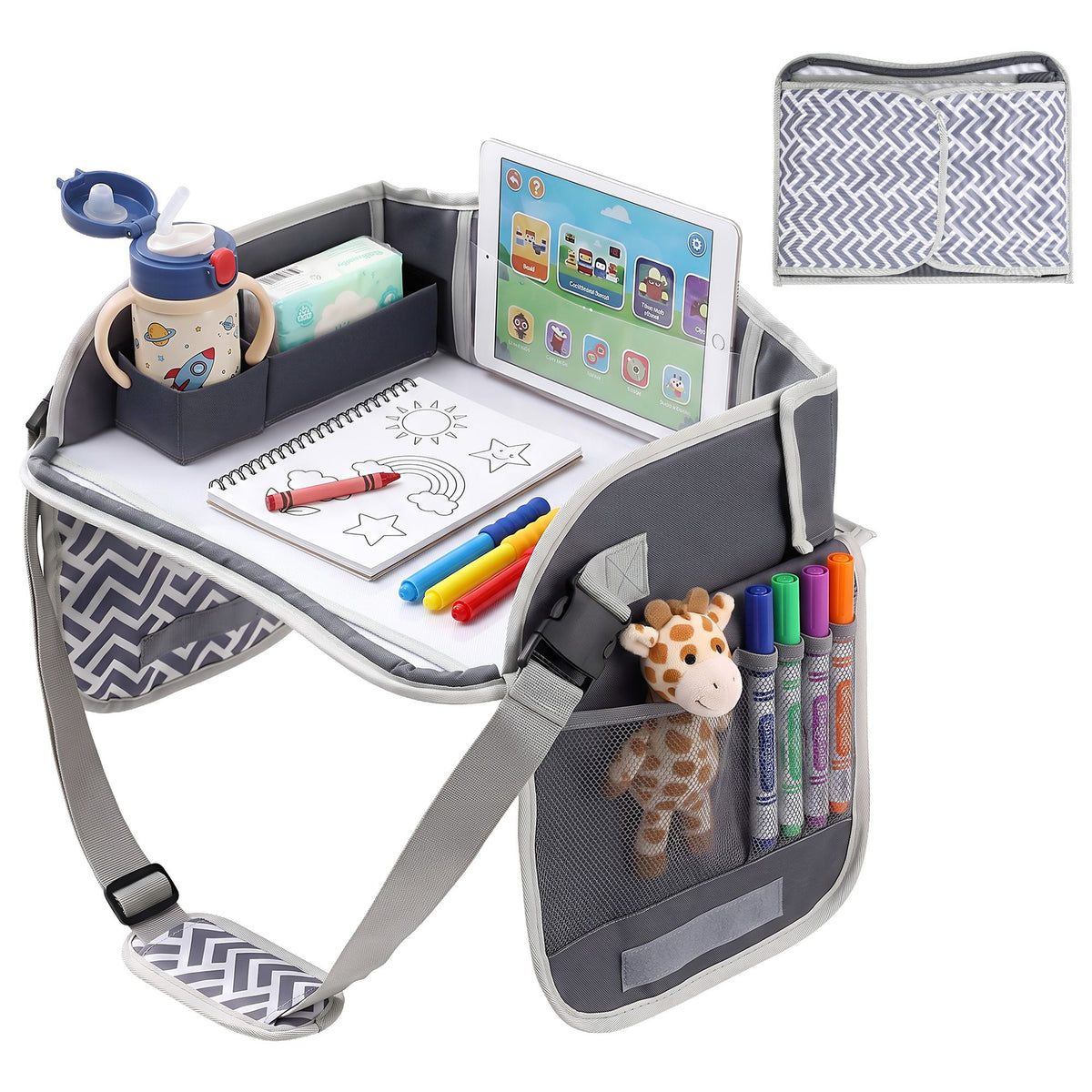 Kids travel tray car seat lap desk in grey