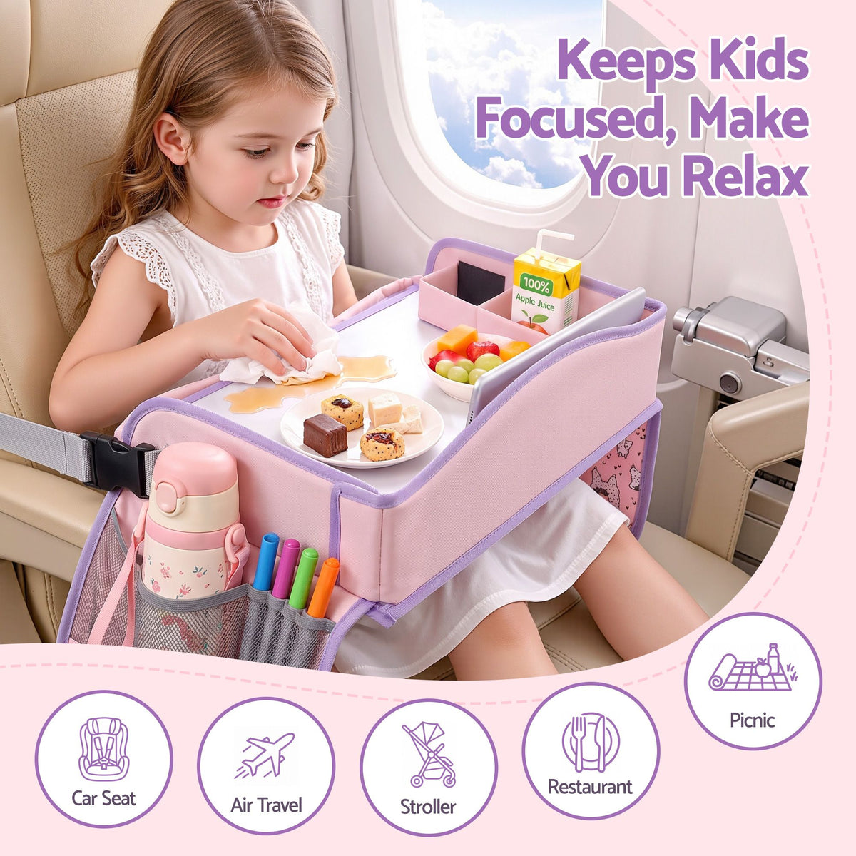 Kids travel tray car seat lap desk in pink – view 5