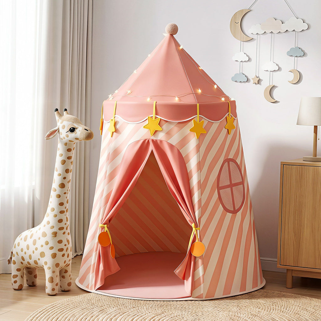 Pink kids play tent with star lights