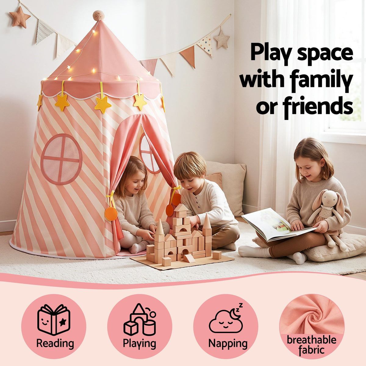 Pink kids play tent with star lights – view 4