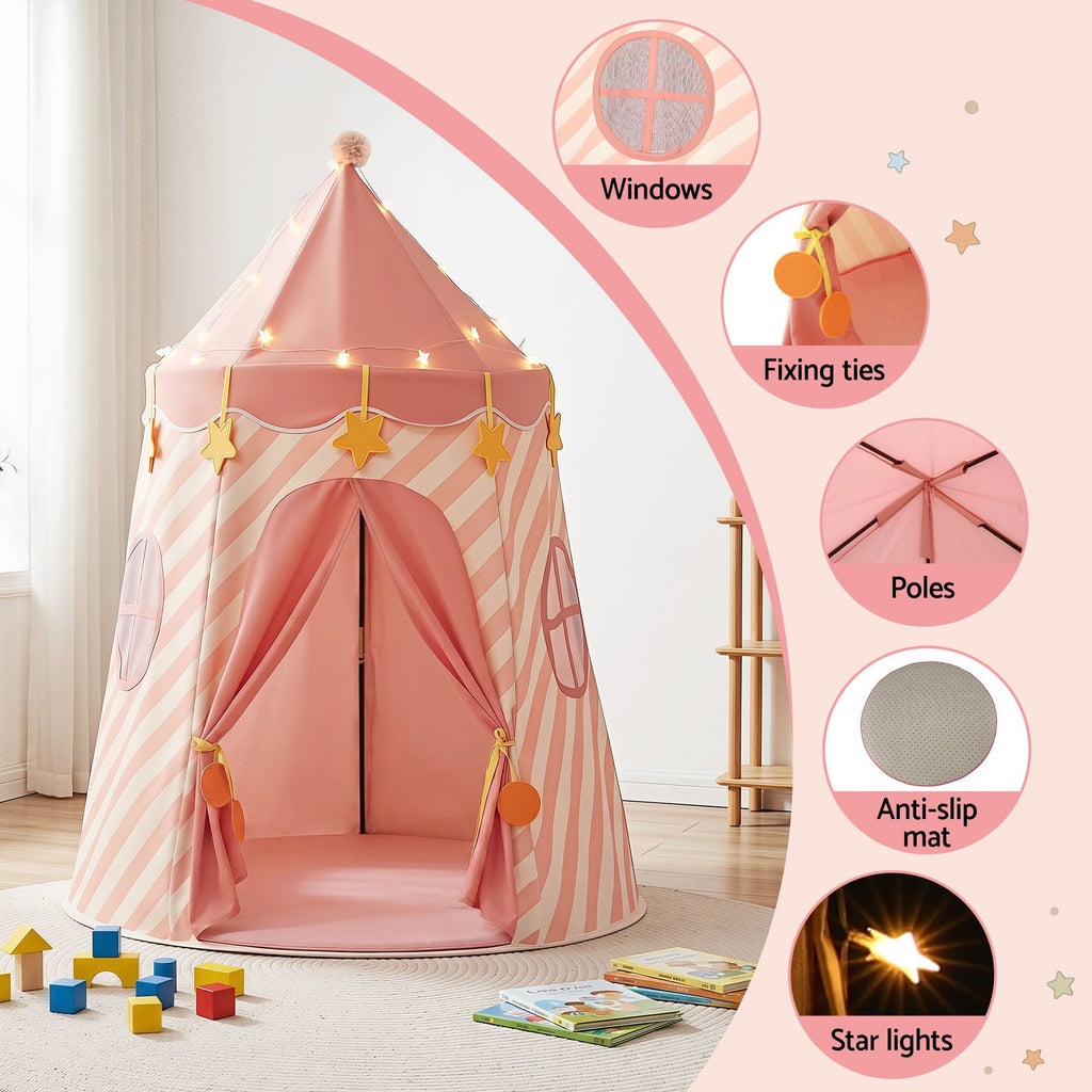 Pink kids play tent with star lights – view 5