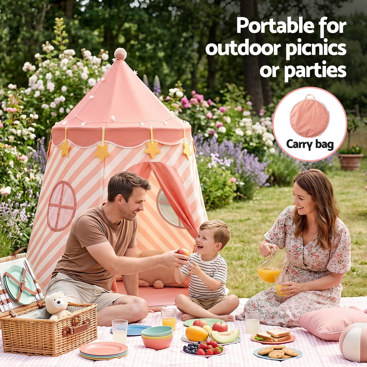 Pink kids play tent with star lights – view 6