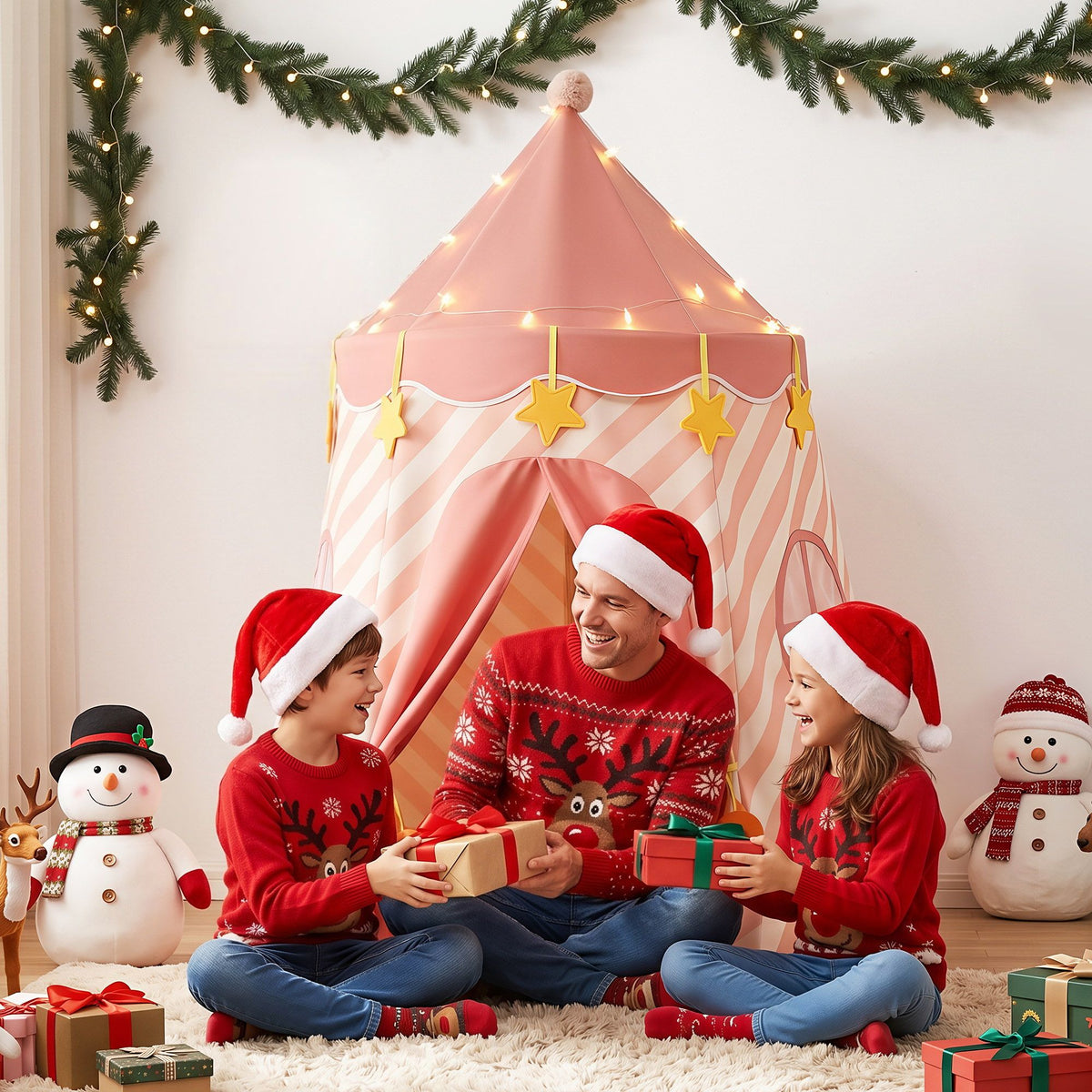Pink kids play tent with star lights – view 7