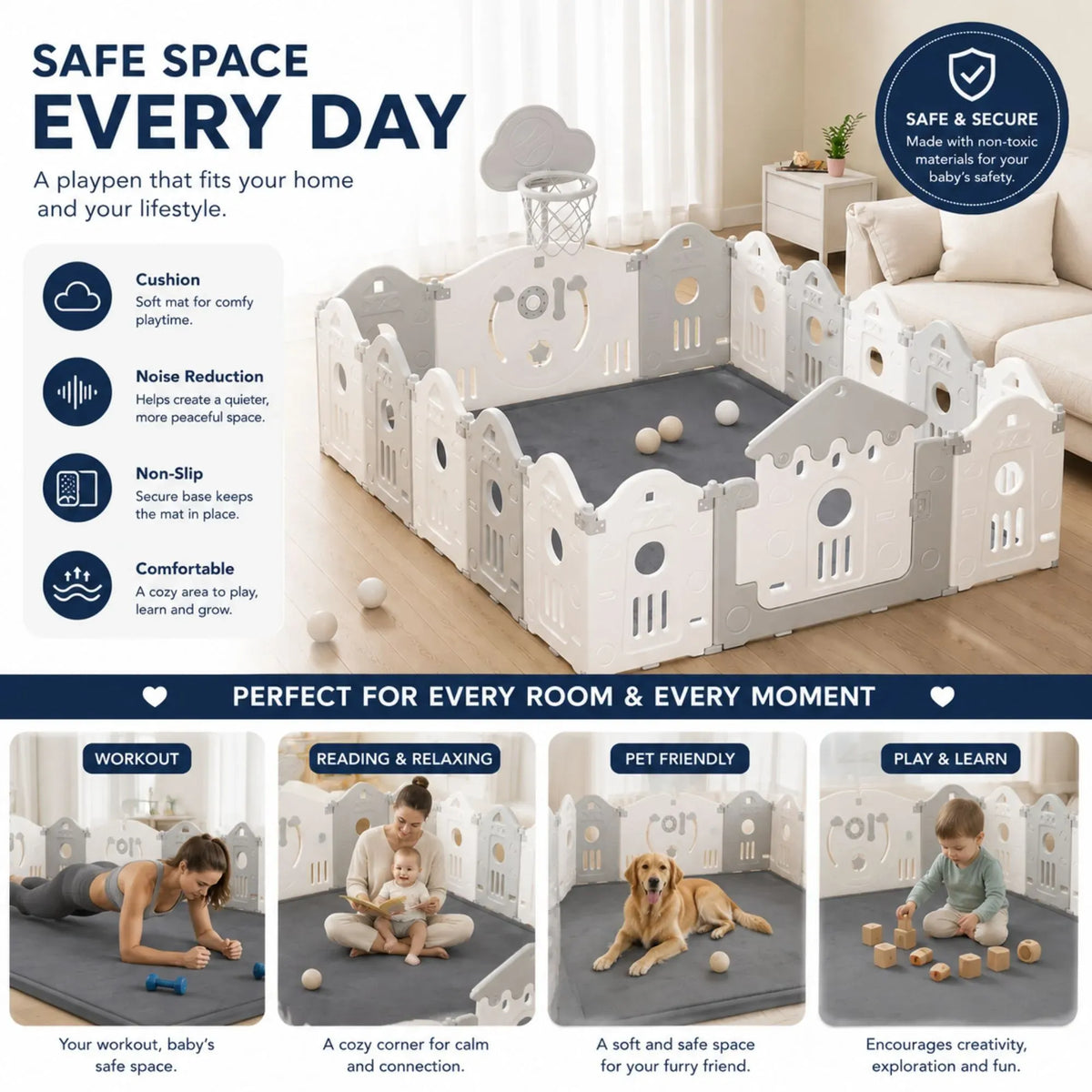 Large thick foam baby play mat 150 x 200 cm in grey – view 5