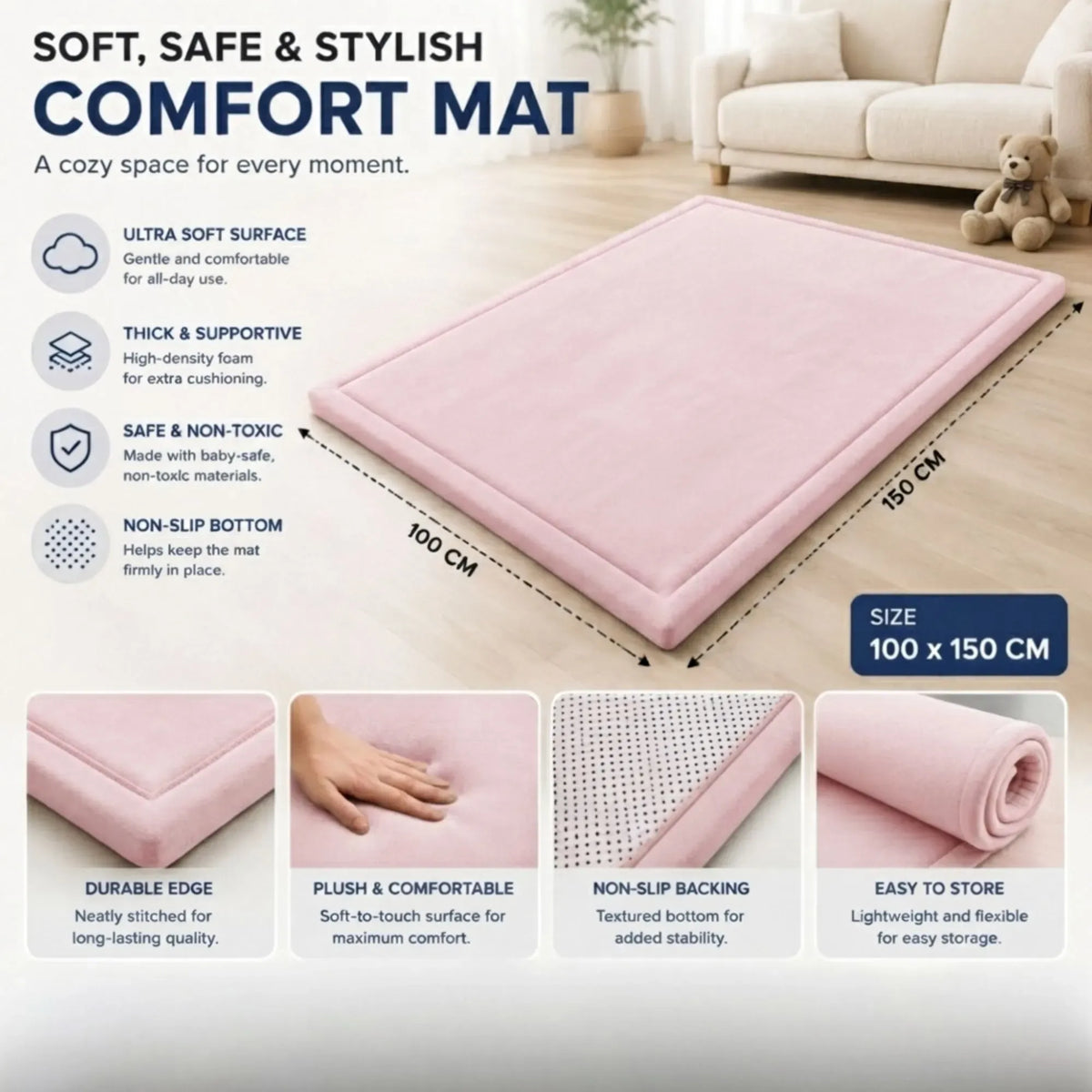 Thick foam baby play mat 100 x 150 cm in pink – view 4