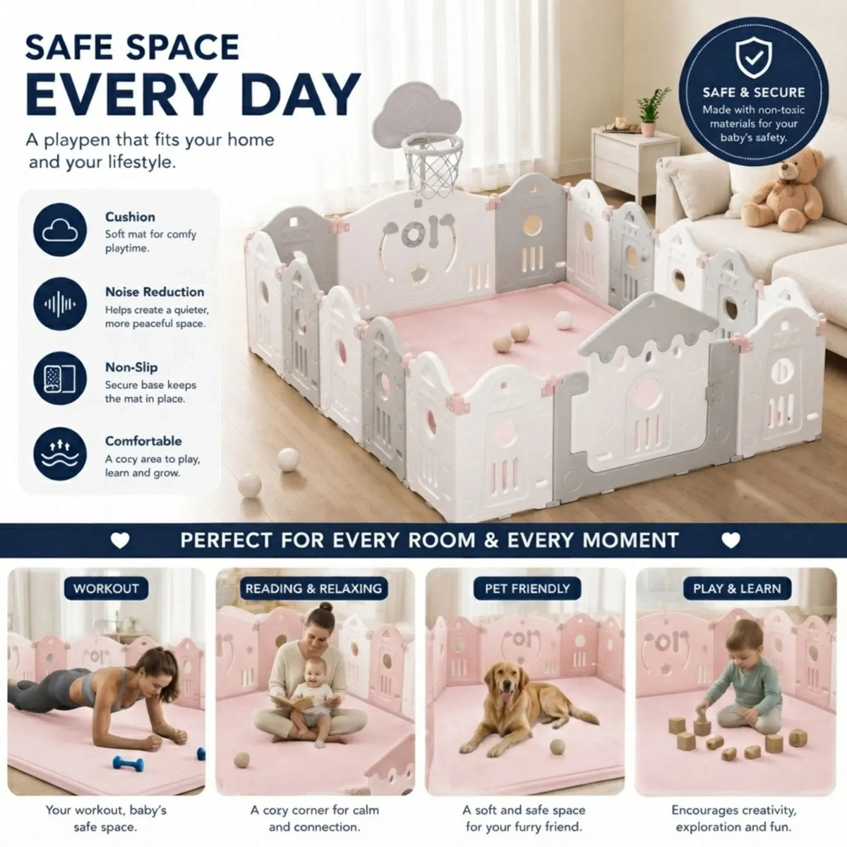Thick foam baby play mat 100 x 150 cm in pink – view 5